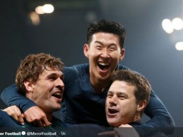 Mauricio Pochettino bersama Son Heung-min dan Fernando Llorente merayakan kesuksesan Tottenham Hotspur usai lolos ke semifinal Liga Champions